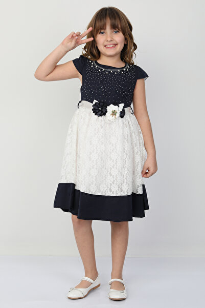 e-çocuk Girl's Dress with Stones and Flowers 26087