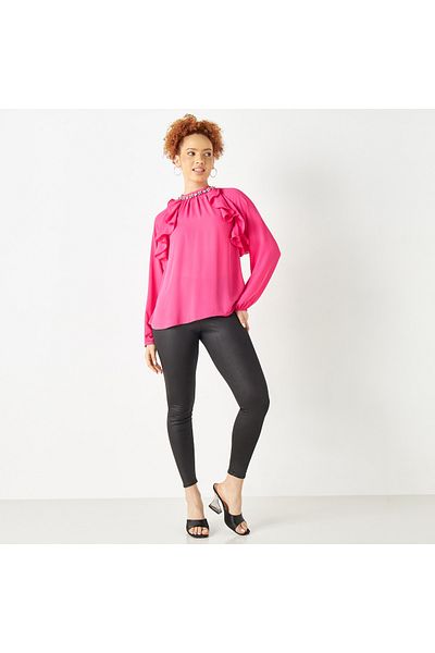FAV Embellished Neck Top with Ruffle Detail and Long Sleeves