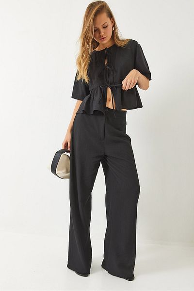Bianco Lucci Women's Lacing Detailed Short Sleeve Blouse Pants Bottom-Top Suit 9265 60281014