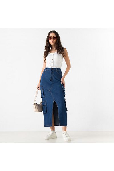 FAV Denim Skirt with Pockets and Slit Detail