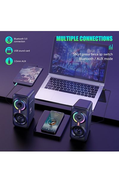 Onikuma Wired/Wireless Bluetooth RGB Light PC Speakers,LED Subwoofer Deep Bass Gaming Speakers
