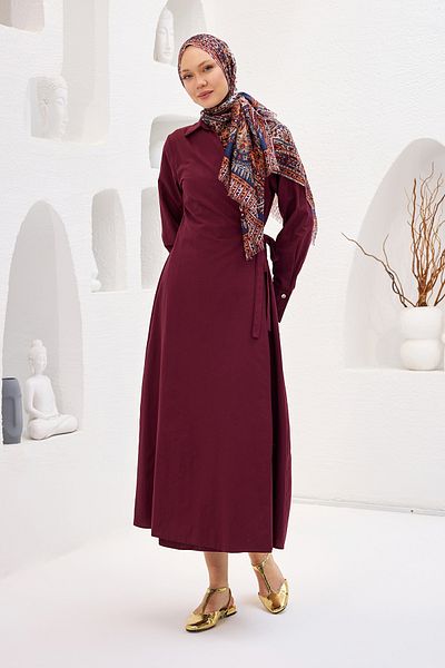 LOCCO Women's Poplin Side Tie Dress Burgundy