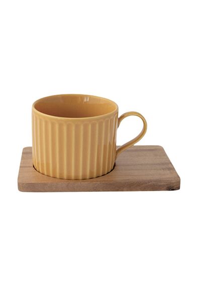 DR EASY LİFE Porcelain set of 2 250ml cups and blue/orange acacia wood plates