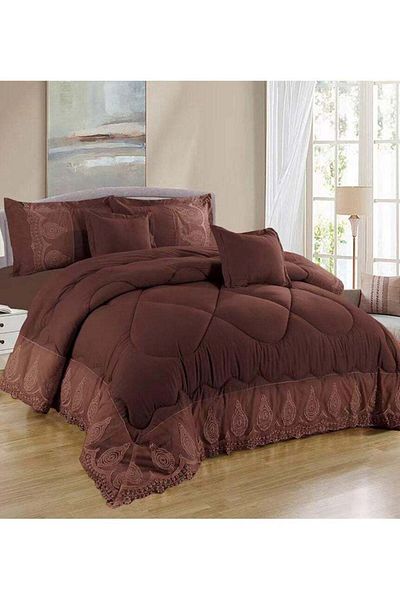 Comfy طقم لحاف من 6 قطع مطرز بالدانتيل من القطن الناعم، مقاس كينج، بني