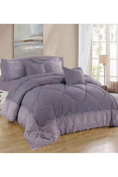 Comfy 6 PC EMBROIDERY LACE COTTON SOFT KINGSIZE COMFORTER SET GREY