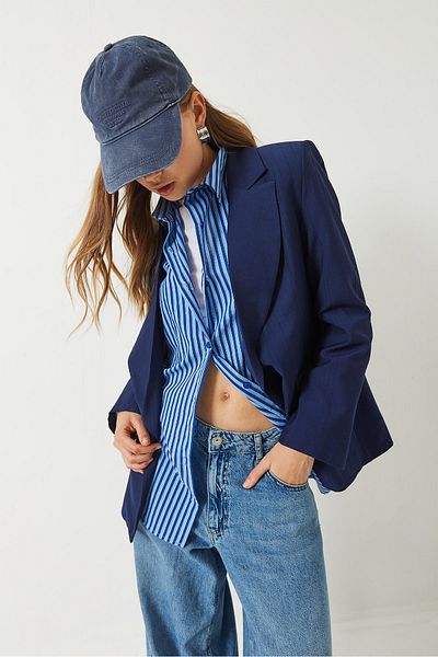 Bianco Lucci Women's Padded Lining Striped Strawberry Fabric Blazer Jacket 50178 60283002
