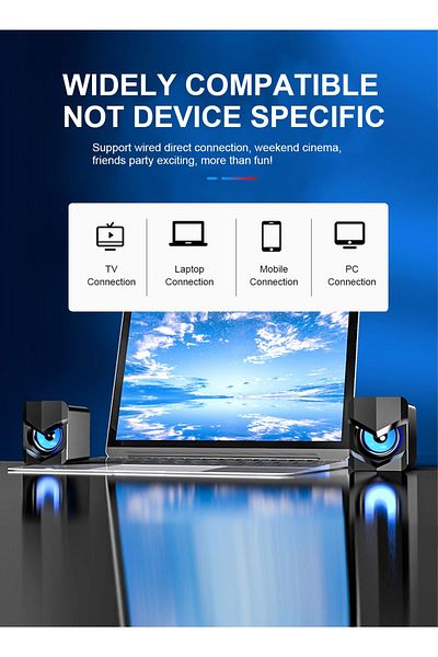 SADA Computer Speakers,Wired USB Powered Stereo Mini PC Speaker with Ambient Light 3.5mm Aux Input
