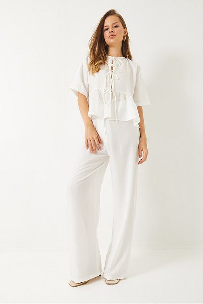 Bianco Lucci Women's Lacing Detailed Short Sleeve Blouse Pants Bottom-Top Suit 9265 60281014