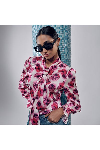 FAV All-Over Floral Print Top with Tie-Up Neck and Long Sleeves