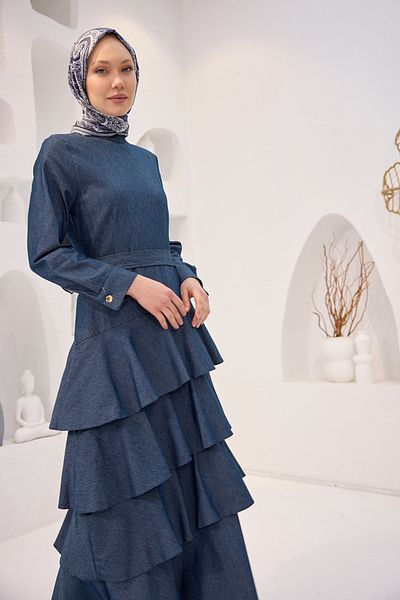 LOCCO Rochie de damă albastru închis din denim cu volan