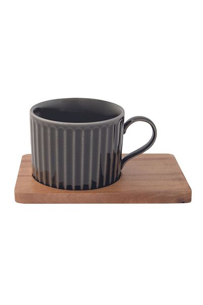 DR EASY LİFE Porcelain set of 2 250ml cups and plates in acacia wood, grey/green