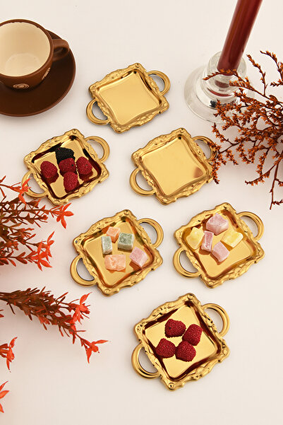 LUMINZO Tados 6 Piece Coffee Side Serving Tray Gold Square Presentation Plate Tableware Catering Guest Service