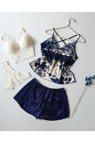 cdh çeyize dair herşey Set de 6 piese din satin pentru mireasa bleumarin 6829