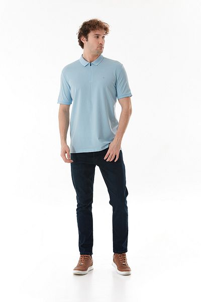 Fulla Moda Μπλουζάκι Oxford υφασμάτινο με μισό φερμουάρ Polo γιακά