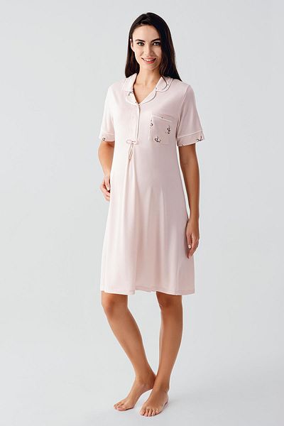 Artış Short Sleeve Bow Decorated Button Short Stretchy Viscose Maternity Nightgown