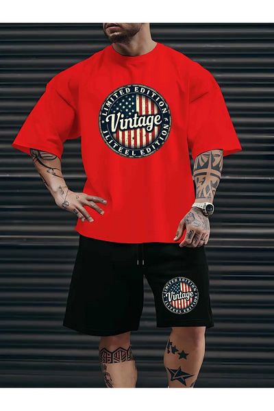 aynewmoda American Vintage Printed Summer Short Sleeve T-Shirt and Shorts Set