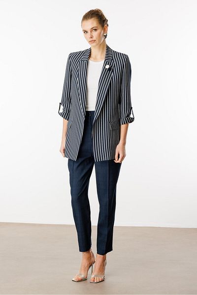 Moda İlgi Modailgi μανίκια επωμίδες και ρίγες με λεπτή γραμμή με λεπτές γραμμές σε μπλε ναυτικό