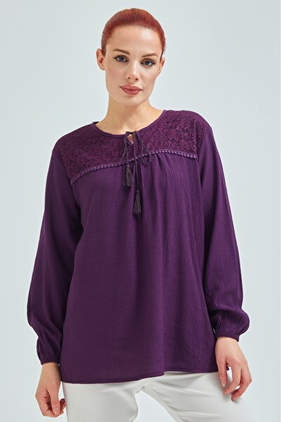 Elçelya Moda Γυναικεία Μωβ Σιλέ Πανί Mother Χτενισμένη Βαμβακερή Μπλούζα