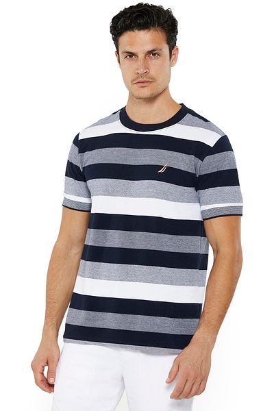 Nautica Men's Navy & White Striped Round Neck T-Shirt – 100% Cotton Casual Classic Essential, Summer-Ready!