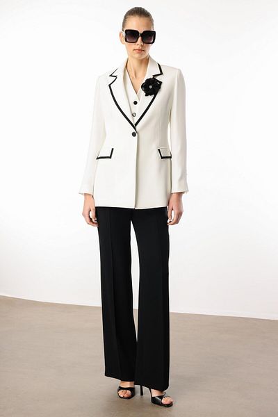Moda İlgi Modailgi Enküstre Tape Detailed Rose Brooch Accessory Vest Jacket - 40074 Ecru