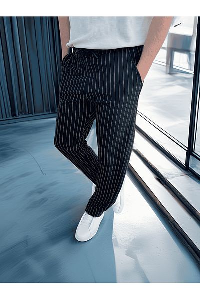 Valiberta Crepe Fabric Striped Comfortable Fit Men's Trousers - Black