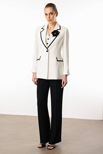 Moda İlgi Modailgi Enküstre Tape Detailed Rose Brooch Accessory Vest Jacket - 40074 Ecru