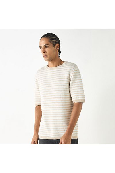 FAV Striped Crew Neck Sweater with Short Sleeves