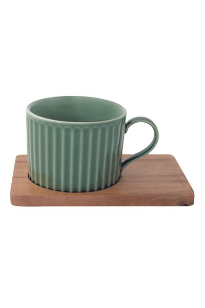 DR EASY LİFE Porcelain set of 2 250ml cups and green/gray acacia wood plates