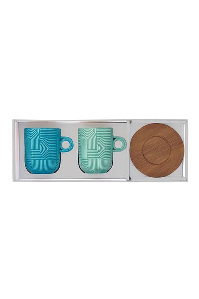 DR EASY LİFE Porcelain set of 2 350ml cups and acacia plates turquoise/blue