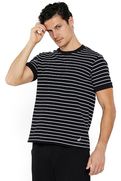 Nautica Men's White and Black Striped Round Neck T-Shirt – Cotton Casual Classic Essential