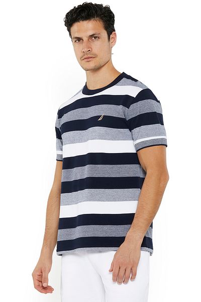 Nautica Men's Navy & White Striped Round Neck T-Shirt – 100% Cotton Casual Classic Essential, Summer-Ready!