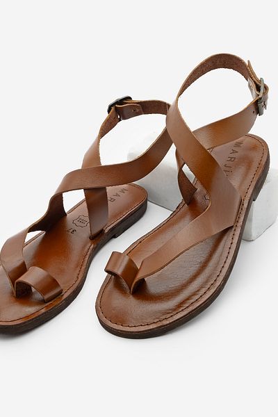 Marjin Damen-Sandalen aus echtem Leder – Flip-Flops, Knöchelriemen, lässig, Vidor Tan
