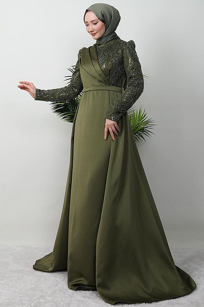 GİYZAMİLA Wise Hijab Evening Dress Khaki