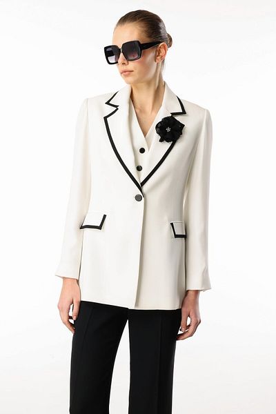 Moda İlgi Modailgi Enküstre Tape Detailed Rose Brooch Accessory Vest Jacket - 40074 Ecru
