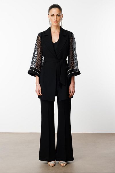 Moda İlgi Modailgi A-Line Sleeve Stripe Stone Accessory Long Jacket Black
