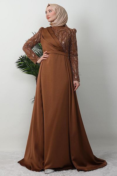 GİYZAMİLA Bilge Hijab βραδινό φόρεμα καφέ