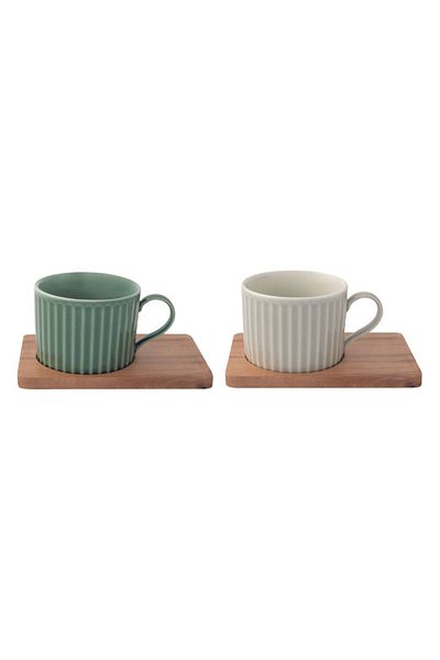 DR EASY LİFE Porcelain set of 2 250ml cups and green/gray acacia wood plates