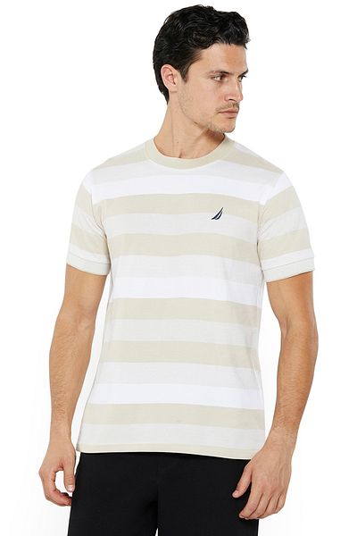 Nautica Men's Beige & White Striped Round Neck T-Shirt – 100% Cotton Casual Classic Essential, Summer-Ready!