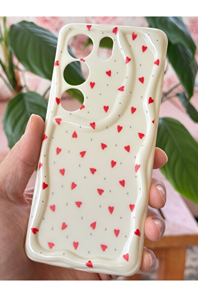 Fibaks Vivo V29 Kılıf Kamera Korumalı Dalga Kenarlı Kırmızı Kalp Desenli Silikon Kapak