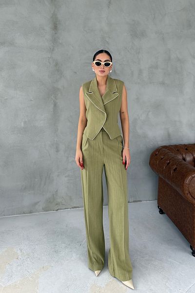 Seda Yalçın Atelier Çağla Green Linen Piping Vest and Pants Set