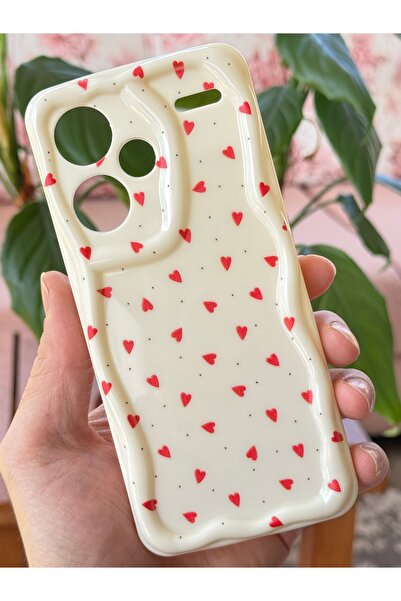 Fibaks Xiaomi Redmi Note 13 Pro Plus Case Camera Protected Wave Edge Red Heart Pattern Silicone Cover