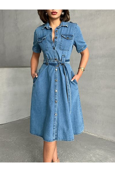 Miss Prova Jumătate de mânecă cu centură Midi Denim Misser Moda
