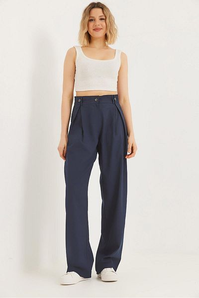 CALİENTE Loose Cut Draped Palazzo Trousers Navy Blue