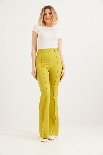 CALİENTE High Waist Checked Flared Trousers Oil Green