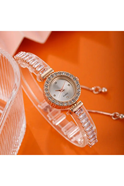 QUARTZ Lüks Kadın Kuvars Saat- Şık Gül Altın & Siyah Kristal Analog Kol Saati