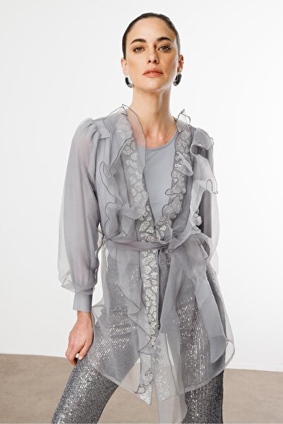 Moda İlgi Modailgi Yakası Taşlı Volanlı Uzun Organze Tunik Gri
