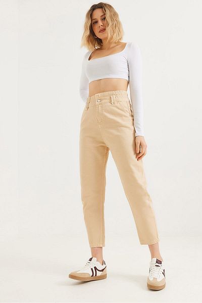 CALİENTE High Waist Loose Cut Trousers Beige