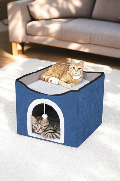 TİNEKE Foldable Portable Multifunctional Cat Bed Dark Blue