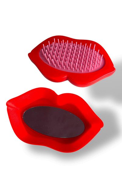 TAKIŞTIR Red Color Lip Figured Bag Size Mirror/Comb