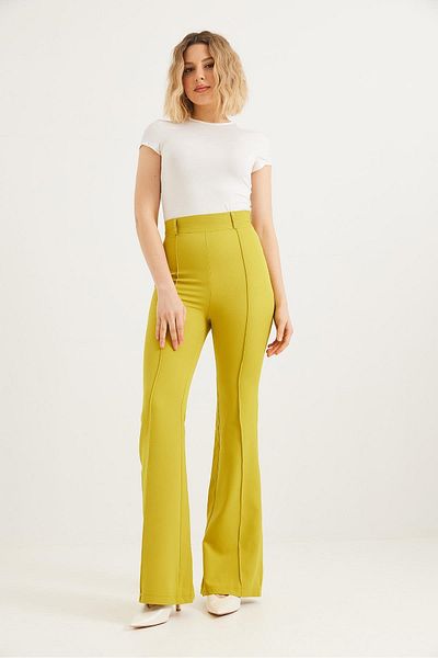 CALİENTE High Waist Checked Flared Trousers Oil Green